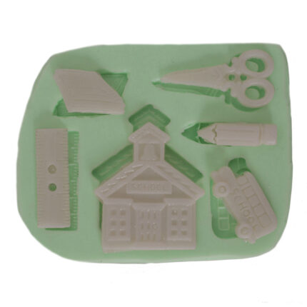 Okul temalı minik objeler silikon kalıbı: okul, cetvel, makas, kalem, okul otobüsü figürleri.