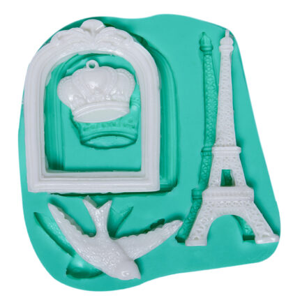 Paris temalı silikon kalıbı: Eyfel Kulesi, taç, çerçeve ve kuş figürleri içeren romantik dekorasyon kalıbı.