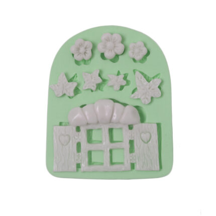 Pencere ve minik objeler silikon kalıbı: çiçekler, yapraklar, pencere. Minyatür ev yapımı için ideal. (KK-1322)