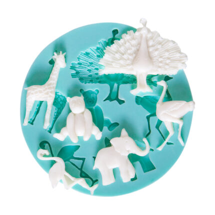 Safari hayvanları silikon kalıbı: zürafa, fil, ayı, flamingo, devekuşu ve tavus kuşu figürleri.