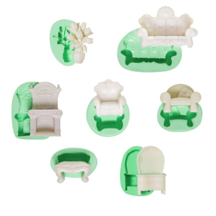 Salon takımı silikon kalıbı: Minyatür ev seti için kanepe, koltuk, şömine ve vazo kalıpları.