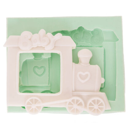 Tren çerçeve silikon kalıbı: Bebek temalı sabun veya dekoratif obje yapımı için ideal. "Baby" yazısı mevcut.