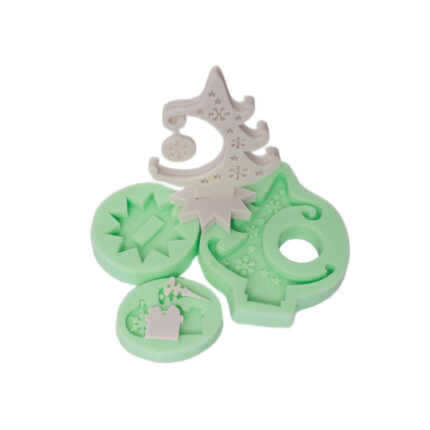 Üç parçalı yılbaşı ağacı silikon kalıp seti: ağaç, yıldız ve süsleme kalıpları. Yılbaşı temalı silikon kalıp.