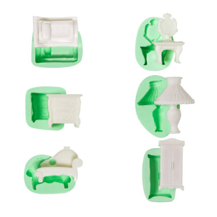 Yatak odası takımı silikon kalıbı: yatak, şifonyer, ayna, lamba, koltuk, gardırop. Minyatür mobilya seti için kalıplar.