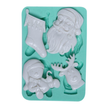 Yeni yıl temalı 4'lü silikon kalıbı: Noel Baba, çorap, kardan adam ve ren geyiği figürleri.