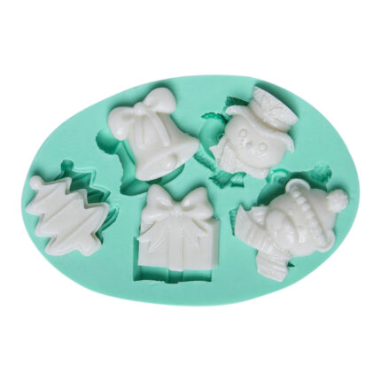 Yılbaşı temalı 5'li silikon kalıp: Çam ağacı, çan, hediye, kardan adam figürleri.