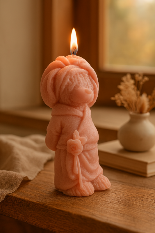 Bornozlu ve gül detaylı pembe ayıcık mum, Kurdelya silikon kalıptan çıkan estetik bir dekoratif mum.